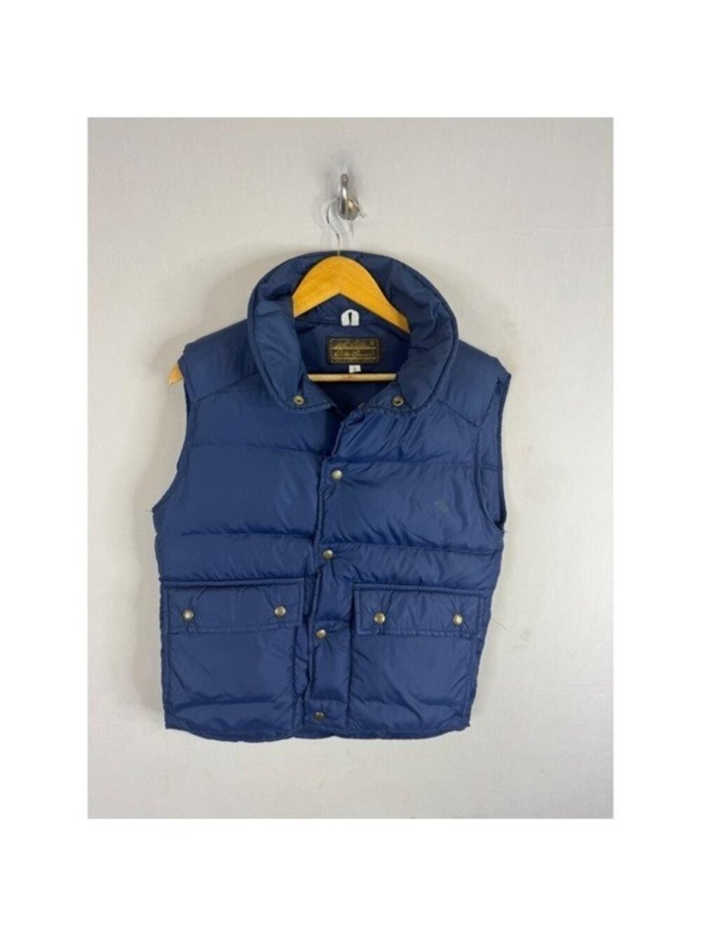 Vintage 80s Eddie Bauer Navy Blue Down Puffer Vest Mens Small Snap Front Pockets